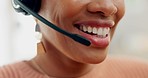 Mouth of woman, telemarketing and smile in call center for customer service, advisory help and CRM questions. Closeup face of agent, microphone and consulting for telecom support, FAQ and contact us