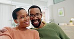 Black couple, happy and selfie, relax in living room, live streaming and social media post with memory. Love, care and trust, marriage and African people smile in picture, partner and bonding at home