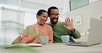 Happy black couple, video call and laptop in home with voip communication, digital connection or chat. Man, woman and wave hello on computer for virtual conversation, online contact or talk on webcam