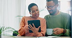 Man, woman and tablet in home for online shopping, streaming internet show and social media. Happy black couple scroll on digital technology for ebook subscription, download app and chat about blog 