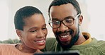 Happy, phone and African couple on sofa for bonding, embrace and relax together in living room. Love, healthy relationship and man and woman on smartphone for social media, meme and internet at home 