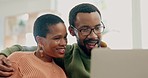 Talking, internet and black couple with a laptop, love or connection for online shopping, live streaming or email notification. Marriage, African man or woman with a pc, typing or website information