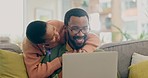 Home, hug and black couple with laptop, smile and connection with investment, email notification or online reading. Love, African man or woman on a couch, pc or typing with network or search internet