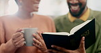 Couple, coffee and Bible with love and religion, morning routine and healthy relationship with reading and worship. Christian, people with holy book and latte at home, God and faith with scripture