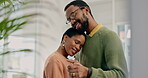 Black couple, dancing and hug with peace and love while at home, trust and support in marriage with bonding. Happiness, calm and care with people and rhythm, life partner and healthy relationship