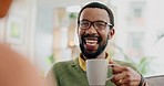 Happy African man, talking and coffee date with story, listening or conversation in cafe, diner or lounge. Guy, drink and relax with chat, tea or latte for gossip, information or reunion with friends