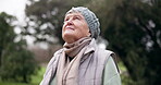 Old woman, meditation and calm in the park, breathing in fresh air and nature with health, peace and wellness. Mindfulness, zen and stress relief outdoor, retirement and pension, relax and healing