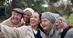 Caregiver, old people and selfie, happy outdoor with elderly care and wellness, health and fresh air. Diversity, memory and social medaia post, smile in picture with photography and joy in nature