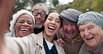 Caregiver, old people and selfie, laughter outdoor with elderly care and wellness, health and fresh air. Happiness, memory and social media, portrait and smile in picture with photography and joy