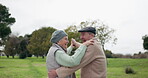 Senior couple, dancing and outdoor at a park with fun energy, happiness and love on holiday. Elderly man and woman in nature for a spin, funny adventure and celebration of retirement and freedom