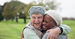 Smile, reunion and senior friends hugging in a park for bonding on a walk for fresh air together. Happy, nature and elderly women in retirement embracing for care, connection or love at a garden.