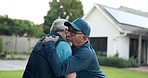 Elderly friends, hug and greeting outdoor by house, connection and meeting together. Senior men, handshake and embrace, happy and smile for bonding, care and welcome to retirement reunion in backyard