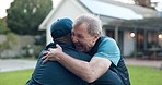 Senior friends, greeting and hug outdoor by house, funny and laughing together. Elderly men, handshake and embrace, happy and smile for bonding, care and welcome to retirement reunion in backyard