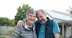 Happy, old couple and portrait with new house, real estate or investment together for future, retirement or property. Senior people, smile and hug outdoor in backyard, garden or welcome to home