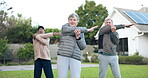 Arms, stretching or senior friends in fitness training together for health or exercise in retirement. Warm up, elderly men or old people in park to move body in workout for wellness or flexibility 