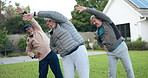 Arms, stretching or senior men in fitness training together for health or exercise in retirement. Warm up, elderly friends or old people in park to move body in workout for wellness or flexibility 