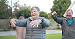 Hands, warm up or senior friends in fitness training together for health or exercise in retirement. Support, funny men or happy elderly people in park to shake or move arms in workout for wellness