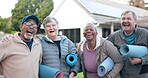 Face, funny or senior friends in fitness training together for health, wellness or exercise in retirement. Women laughing, mature men or happy old people in park ready to start a group yoga workout 