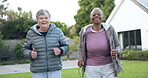 Running, park or senior women in fitness training together for health, wellness or exercise in retirement. Diversity, active elderly friends or happy old people in outdoor cardio workout to move body