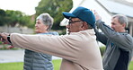 Hands, stretching or old people in park for fitness training together for health or exercise in retirement. Warm up, elderly men or friends in outdoor workout to move arms for wellness or flexibility