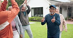 Clapping, fitness or group of senior people together in outdoor exercise in retirement together. Motivation, diversity or happy elderly friends celebrate winning or goal workout in garden with coach