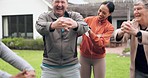 Outdoor, trainer and old people with fitness, exercise and workout goal with wellness, fresh air or nature. Senior group, coach or stretching with retirement, health and support with pilates training