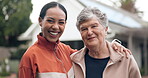 Fitness, smile and a coach with a senior woman outdoor for active wellness or training during retirement. Portrait, exercise and personal trainer with an elderly client outside for a health workout