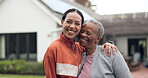 Happy woman, elderly care and hug in fitness, healthy living or exercise together at old age home. Portrait of female person with senior in happiness for team workout, support or trust in retirement