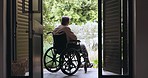 Elderly man, wheelchair and back with thinking, memory or vision of life, decision or choice by door. Depression, mental health and senior person with disability, retirement or remember idea on patio