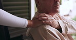 Old man in wheelchair, caregiver or holding hands for healthcare support at nursing home. Closeup, results or nurse with senior patient or elderly person with a disability for care, kindness or hope