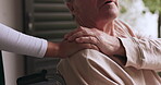 Old man in wheelchair, caregiver or holding hands for hope or support in healthcare or nursing home. Closeup, trust or nurse with senior patient or elderly person with a disability with kindness