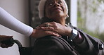 Hands, nurse and old woman in wheelchair for support, elderly person and disability in nursing home for healthcare. People, medical worker and patient in retirement for care and wellness in hospice