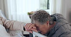 Sick, crying and senior patient, woman or death from cancer, medical problem or old age disease on hospital bed. Grief, emotional pain and elderly person depressed over dead family, friend or partner