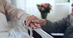 Hospital, old man and woman holding hands, support and empathy for sick partner with medical healthcare. Old couple, people and love for elderly patient with disability and mental health in bedroom  