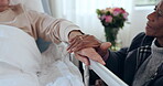 Hands, death and elderly patient, woman or couple of friends, partner or person rub patient for support, empathy of kindness. Grief, loss and old person sad over dead interracial lover on clinic bed