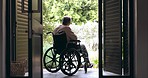 Senior man, wheelchair and back with memory, thinking and vision of life, decision and choice by door. Depression, mental health and elderly person with disability, retirement and sequence on patio