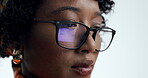 Face, woman and glasses reflection at computer for online working, planning or research internet website. Focus, vision or closeup of person scroll for reading technology, digital information and iot