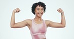 Fitness, woman face and arm flex in studio for yes, agreement or motivation on white background. Happy, portrait or power fist by personal trainer with workout, progress or exercise body goal results