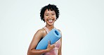 Happy, fitness and woman face with yoga mat in studio laugh for funny, news or sports joke on white background. Comic, portrait and female athlete laughing for silly, humor or training stress relief