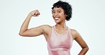 Woman face, fitness and arm flex in studio with training, agreement or body goal success on white background. Portrait, smile or strong muscle by personal trainer with workout, progress or motivation