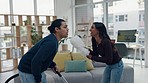 Happy couple in living room, singing and cleaning together with smile, vacuum and teamwork in apartment. Music, dancing and chores, young man and woman in home, excited for fun house work and love.