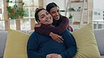 Home, happiness and relax couple hug, bond and connect with love, support and romantic commitment to marriage partner. Trust, portrait and Indian woman, man or people hugging on living room couch