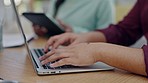 Hands, laptop and couple budget planning, research and mortgage payment with online bills or banking. Home finance, man and woman in living room together with computer, tablet and paperwork for taxes