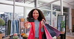 Credit card, woman and shopping bag in portrait at boutique on fashion payment. Happy, plastic money and face of African customer with gift in retail sales, discount purchase or finance in mall store