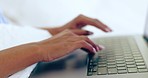 Closeup, woman and hands with a laptop, typing and connection with freelancer, network and data analysis. Person, writer and entrepreneur with a pc, deadline and journalist search internet and info