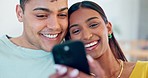 Relax, smile and scroll, couple with phone in home checking text, email or social media meme. Browse, internet search and happy woman with man in living room with cellphone, online news or networking