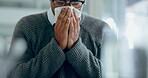 Sick business man, tissue and blowing nose for allergies, cold and virus in office. Employee, sneeze and infection of influenza, allergy bacteria and risk of health problem, sinusitis and hayfever 
