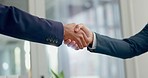 Business people, corporate and shaking hands for success, partnership and meeting for collaboration. Closeup, team and handshake for deal, support and b2b networking with trust, hiring and thank you 