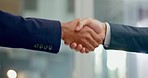 Business people, welcome and shaking hands for success, partnership and meeting for collaboration. Closeup, teamwork and handshake for deal, support and b2b networking with trust, hiring or thank you