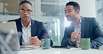 Laptop, meeting and planning with business men talking in the boardroom of their corporate workplace. Computer, strategy or discussion with a employee team working on marketing, innovation or design